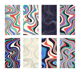 Creative ripple vertical backgrounds set in Hippie style. Wavy psychedelic patterns for brochures, cards, posters. Vector illustration.