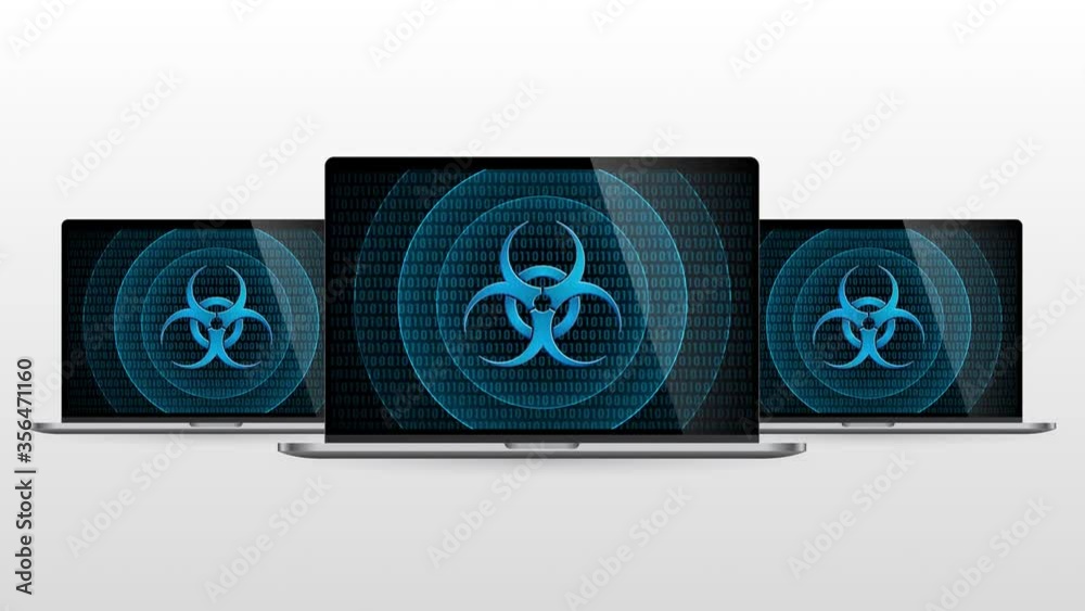 Poster laptop computer portable device with virus attack. realistic laptop monitor with virus symbol in scr