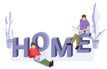 Online self-isolation studying or working concept. Two man sitting on word home