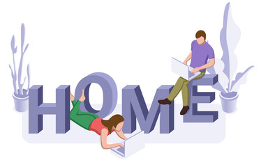 Online self-isolation studying or working concept. Man and woman with word home