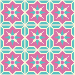seamless geometric pattern with stars, Floor Tile Pattern, Vintage Style, Star inspiration. Pink and Blue pastel, Vector illustration