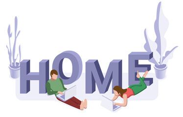 Online self-isolation studying or working concept. Man and woman with word home