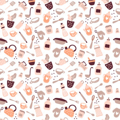 Colorful seamless pattern with cooking tools on white background. Backdrop with kitchen utensils for homemade meals preparation. Vector illustration in flat style for textile print, wrapping paper