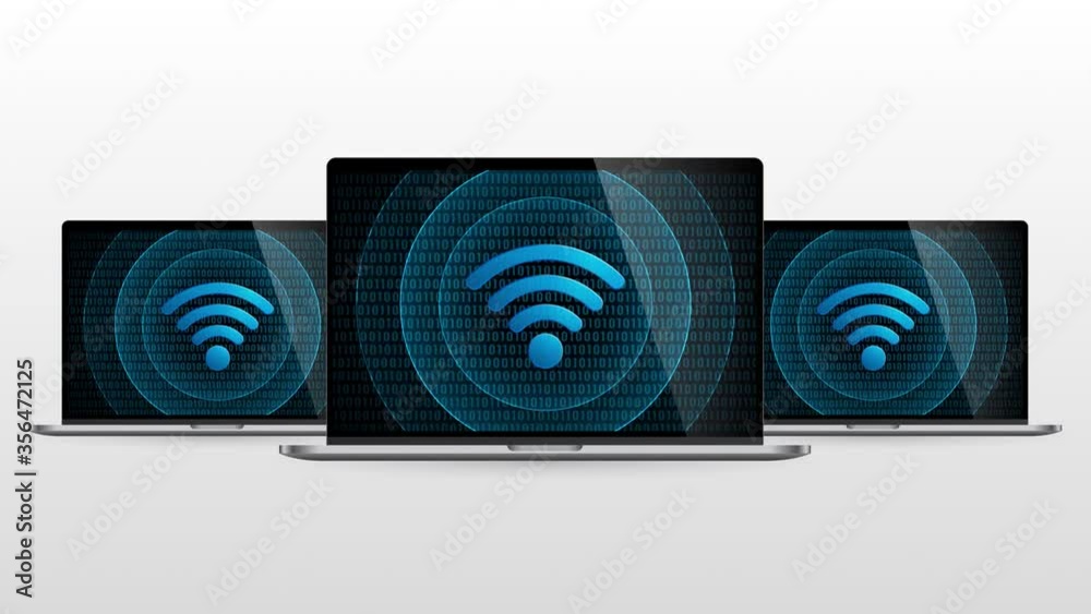 Poster laptop computer portable device with wireless internet connection. realistic laptop monitor with wif