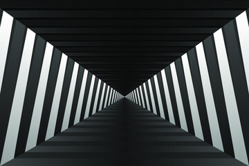 Bright Lighting in Tunnel. Glowing Walls of the Corridor. Abstract Black and White Pattern with Stripes. Vector. 3D Illustration