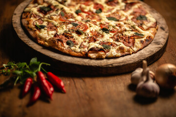 Delicious pizza in wood table