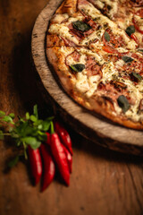 Delicious pizza in wood table