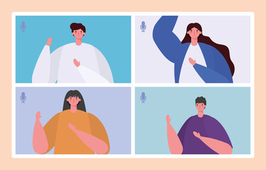 Fototapeta premium People avatars on websites frames in video chat design, Call online conference and webcam theme Vector illustration