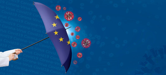 Schutzschirm vor Omicron und Covid-19 Pandemie. Rettungsschirm mit der Flagge von Europa wehrt...