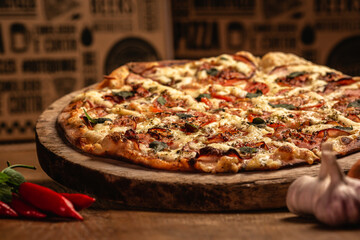 Delicious pizza in wood table