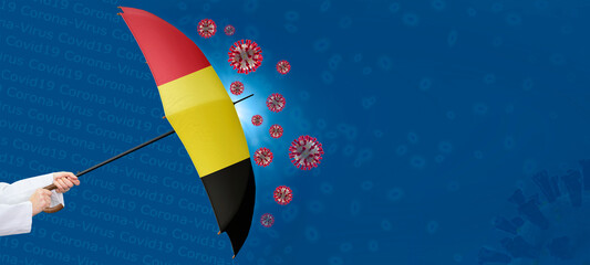 Omikron, Covid-19 und die Corona-Pandemie. Schirm mit der Flagge von Belgien mit Coronaviren und...