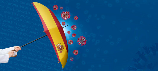 Schutzschirm Covid-19, Omikron und die weltweite Corona-Pandemie. Schirm mit der Flagge von...