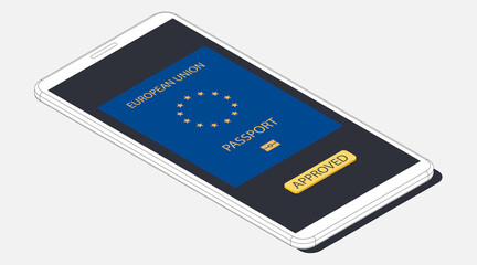 Isometric vector illustration. Realistic white outline smartphone with European union passport and button approved. 3d model of phone isolated on a gray background.