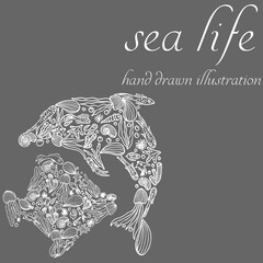 Set marine doodle silhouette in the form of fish and dolphin. Black set fish silhouette in freehand style. Seashell background. Doodle vector. Marine life collection. Swimming vector icon