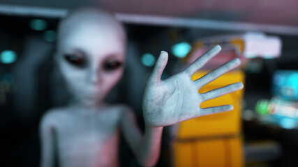 Alien in space ship. hand reaching out with Earth planet. UFO futuristic concept. 3d rendering. © 3D motion