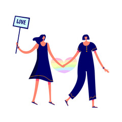 Two lesbian girls. Flat style. Girls holding hands on the background of a multi-colored heart. Symbol of love, LGBT, rainbow. LGBT movement, agitation.