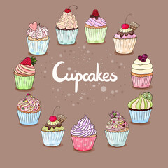 Cupcakes collection. Different cakes vector set. Many types cupcake isolated. Muffin set. Delicious food, yummy cakes.
