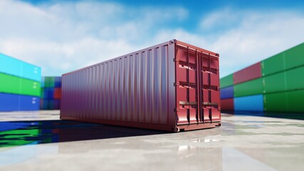 Container depot, wharehouse, seaport. Aeril view. Cargo containers. Logistic and business concept. 3d rendering.