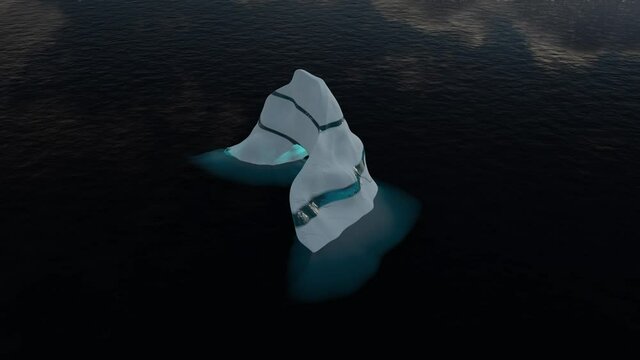 3D Render animation of floating in ocean glacier, melting iceberg.