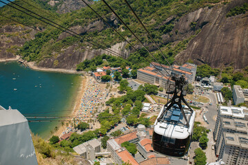 Climbing Sugar Loaf mountain on cableway.  view of the neighboring beach on the Atlantic coast and the evergreen urban jungle