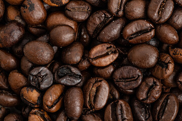 Background of roasted coffee beans, top view