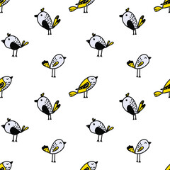 Doodle cute birds. Seamless pattern. Pastel colors. Vector illustration for fabric, wrapping paper. On white background.