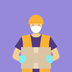Delivery man in mask and gloves with box. Vector illustration