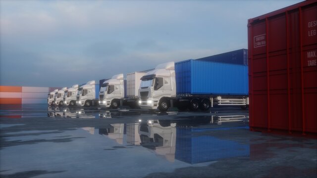 Truck in container depot, wharehouse, seaport. Cargo containers. Logistic and business concept. 3d rendering.