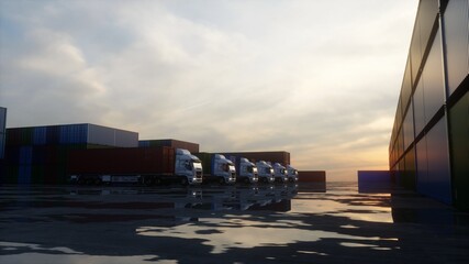 Obraz premium Truck in container depot, wharehouse, seaport. Cargo containers. Logistic and business concept. 3d rendering.