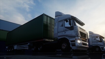 Truck in container depot, wharehouse, seaport. Cargo containers. Logistic and business concept. 3d rendering.