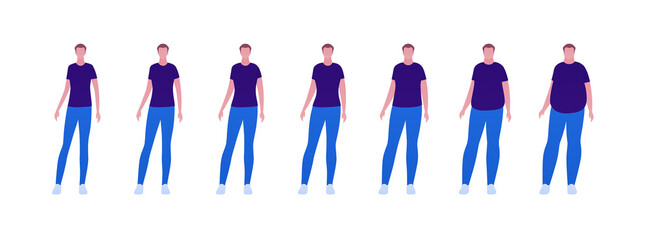 Man body weight concept, Vector flat person illustration set. Collection of males in casual outfit isolated on white. Slim to muscular. Normal to overweight. Front view. Design for banner, infographic