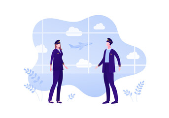Airline crew team concept. Vector flat person illustration. Man and woman in blue pilot suit on airport window with plane jet background. Design element for banner, web, infographic.