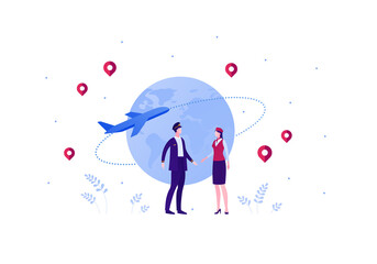 Airline crew team concept. Vector flat person illustration. Man and woman in blue pilot and red stewardess outfit with planet earth and airplane jet sign. Design element for banner, web, infographic.