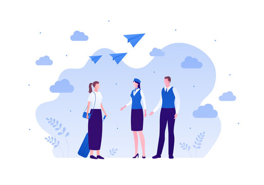 Airline Crew Team Concept. Vector Flat Person Illustration. Man And Woman In Blue Pilot And Steward Outfit On Cloud Sky Background With Paper Plane Sign. Design Element For Banner, Web, Infographic.