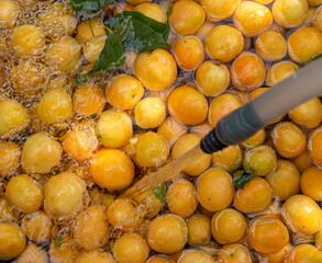 bubble and bubble removal while orange apricots are washed in water