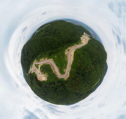 360 spherical panorama of aerial top vew of winding road in the mountains, Altai Krai, Western...