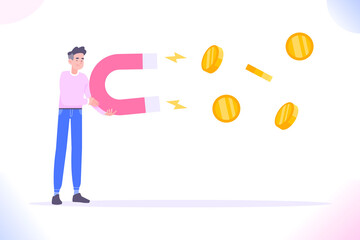Investment attraction concept. Young man holding huge magnet and attracting money or coins. Coin magnet, investor or investment attraction to startup. Business growth concept, vector illustration