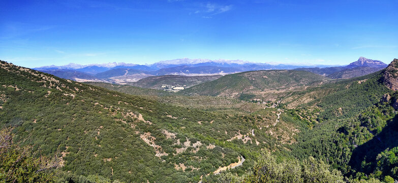 Landscape with view of the Pyrenees chain mountains in Santa Cruz de la Seros. Huesca. Aragon. Spain.