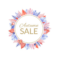 Watercolor round frame of autumn orange and blue leaves on white background. Thanksgiving or greeting card template.