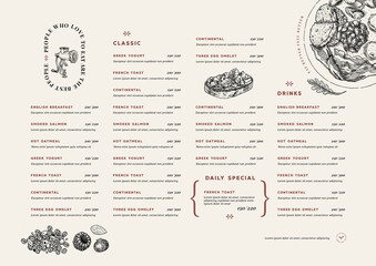 Restaurant breakfast menu template. Cafe identity. Minimalist style. Engraved illustrations. Vector illustration