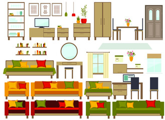 set of living room furniture (sofa, armchair, table, window, lamps, houseplants, TV, carpet, window, paintings, bookshelves,bed, computer desk, showcase, door). flat style, vector illustration