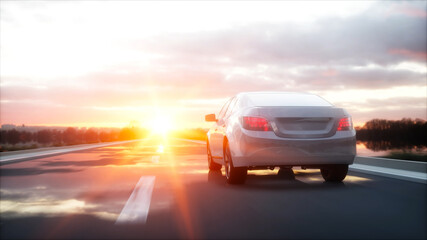 Plakat Luxury white car on highway, road. Very fast driving. Wonderfull sunset. Travel and motivation concept. 3d rendering.