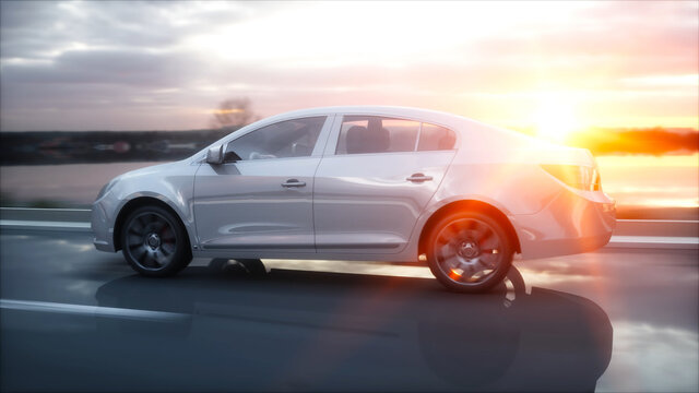 Luxury white car on highway, road. Very fast driving. Wonderfull sunset. Travel and motivation concept. 3d rendering.