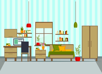 children's room with furniture, bed, computer desk, wardrobe, shelves, computer, flat vector illustration