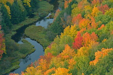 Aerial perspective of autumn forest and Carp River, Lake of the Clouds, Porcupine Mountains Wilderness State Park, Michigan's Upper Peninsula, USA