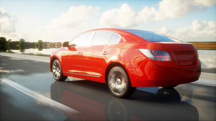 Plakat Luxury red car on highway, road. Very fast driving. Travel and car concept. 3d rendering.