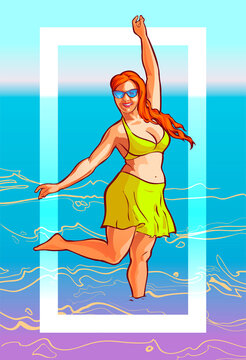 Cheerful summer illustration with a plump woman in a bathing suit