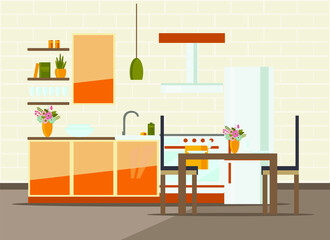 kitchen interior with furniture, flat vector illustration