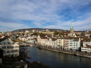 Fototapeta na wymiar Panorama shot of Zurich old town. October 2019