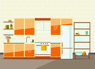 kitchen interior with furniture, flat vector illustration